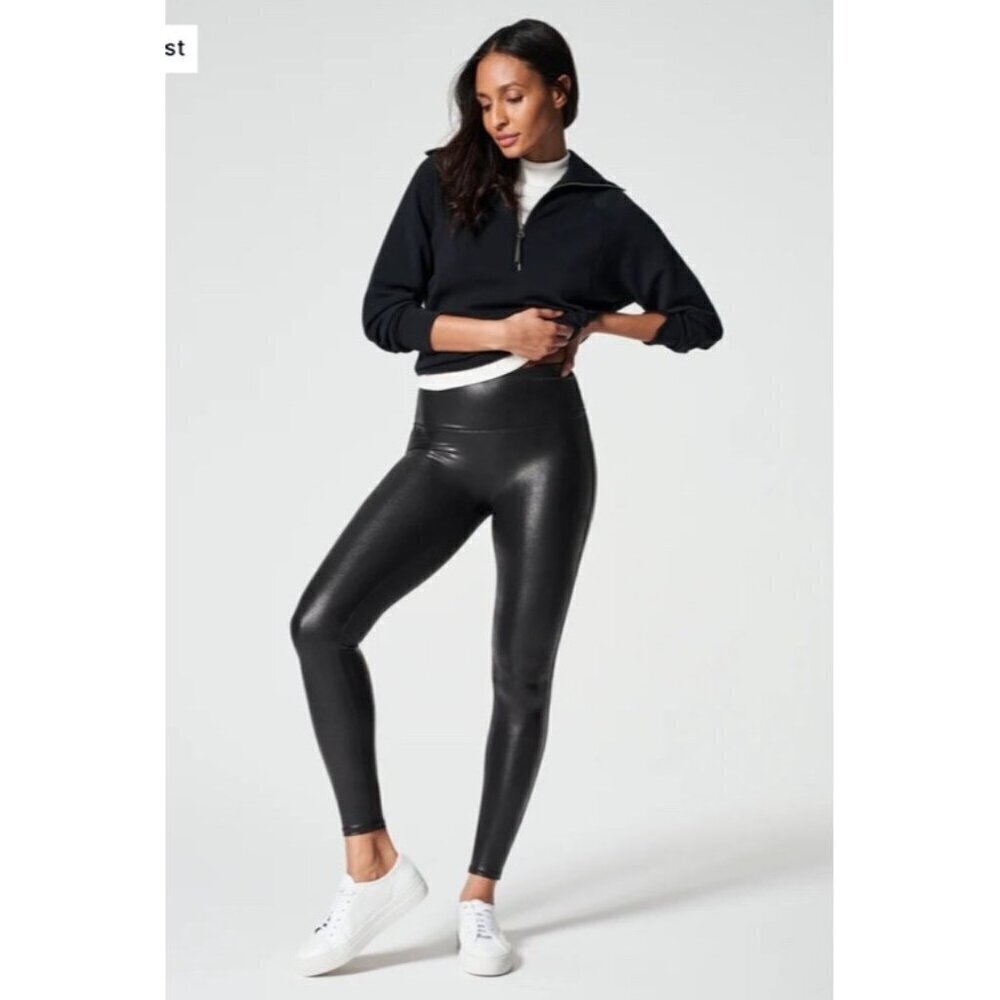 Spanx Women’s Sz SP Small Petite Black Faux Leather Shiny Leggings #2437Q